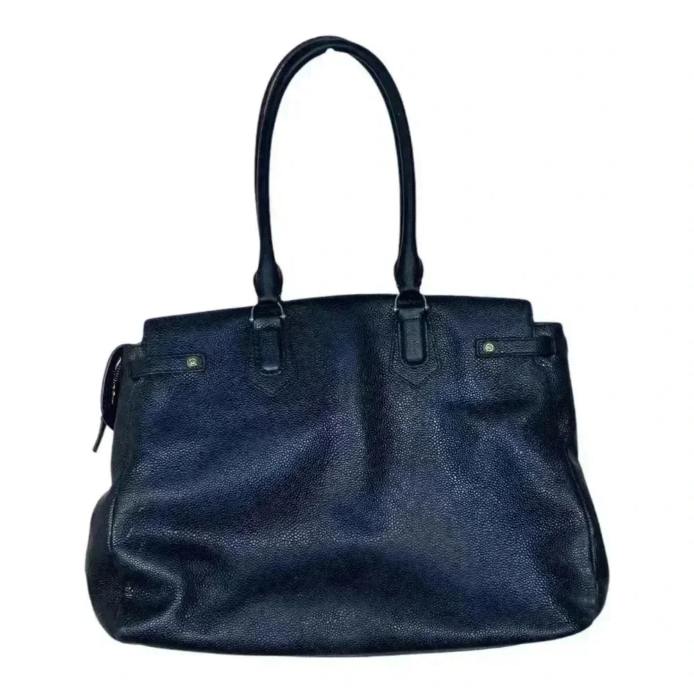 Henri Bendel Carlyle Tote Black Pebbled Leather Purse Shoulder Bag Purple Satin